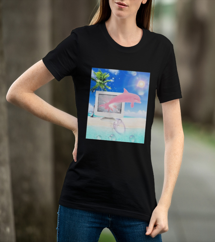 Frutiger Aero Y2k Vaporwave Palm Tree Pink Dolphin Cyberpunk Aesthetic T-Shirt