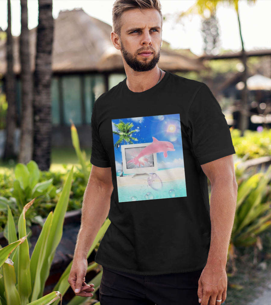 Frutiger Aero Y2k Vaporwave Palm Tree Pink Dolphin Cyberpunk Aesthetic T-Shirt