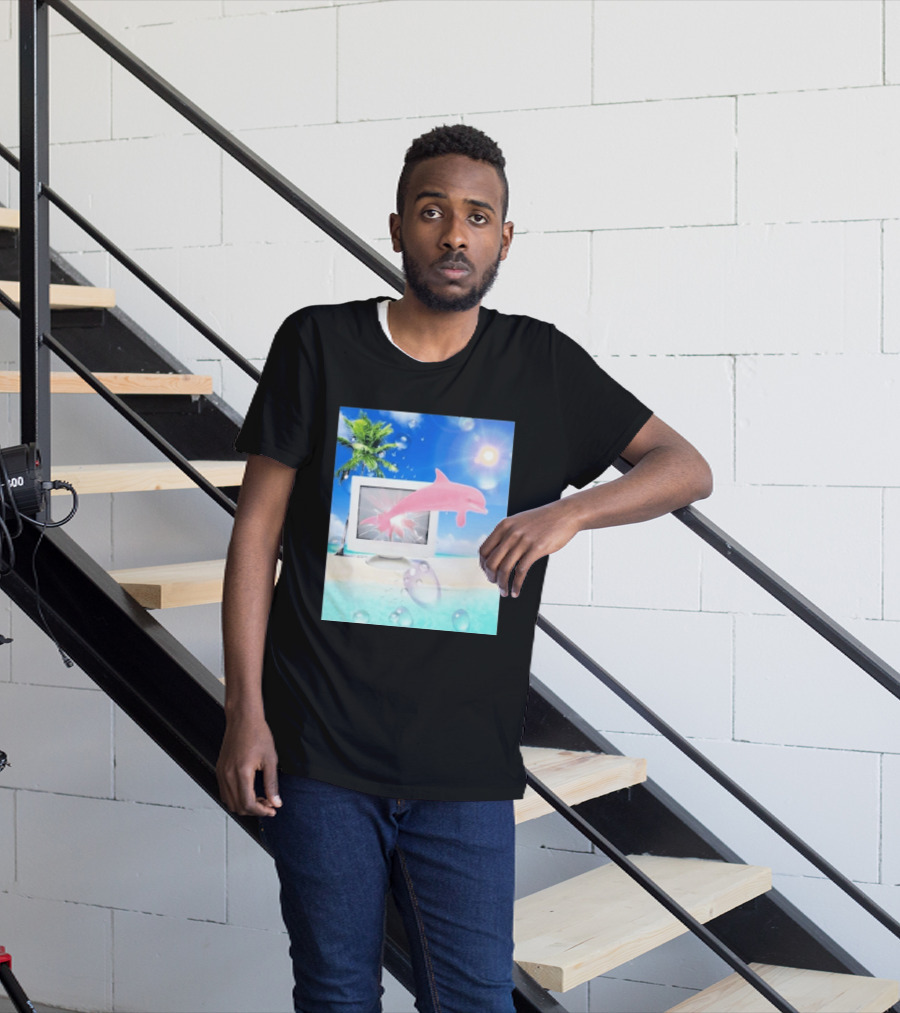 Frutiger Aero Y2k Vaporwave Palm Tree Pink Dolphin Cyberpunk Aesthetic T-Shirt