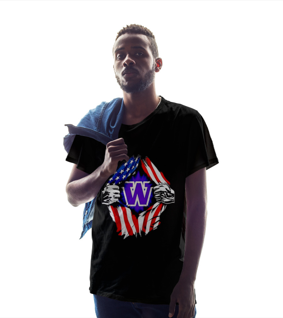 Washington Huskies W Logo American Flag Ripped Chest T-Shirt