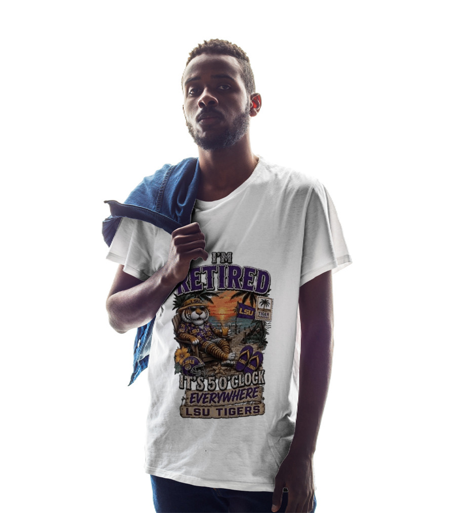LSU Tigers I'm Retired It's 5 O' Everywhere Beach Relaxation With Palm Trees And Sunset T-Shirt
