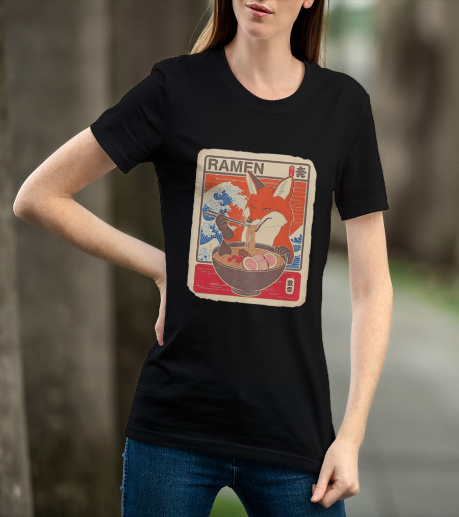 Fox Eating Ramen With Japanese Wave T-Shirt