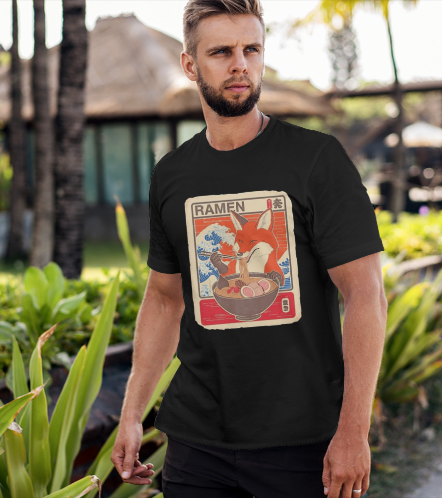 Fox Eating Ramen With Japanese Wave T-Shirt