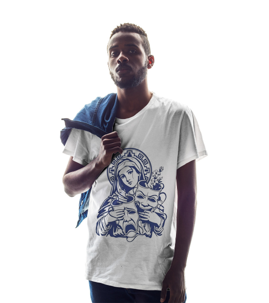 Virgin Mary Pray For Us Cry Now Laugh Later Drama Mask Tattoo T-Shirt