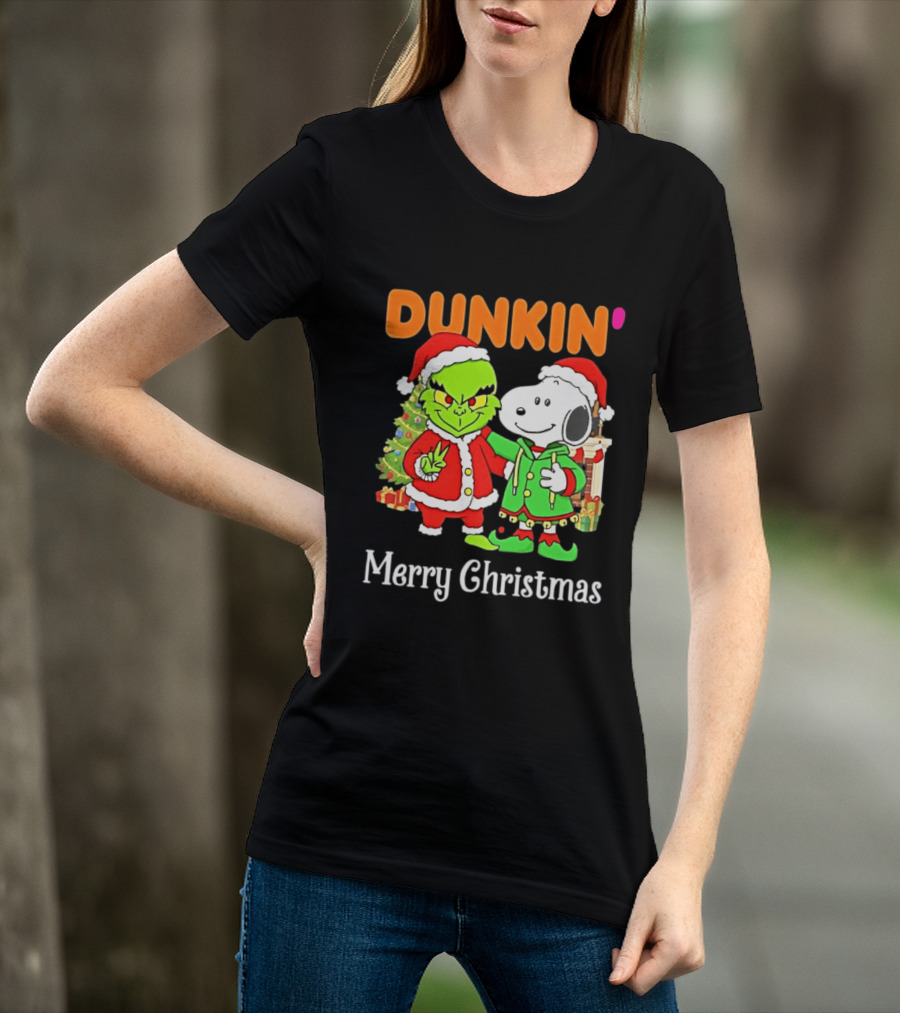 Dunkin Merry Christmas Grinch Snoopy Santas T-Shirt