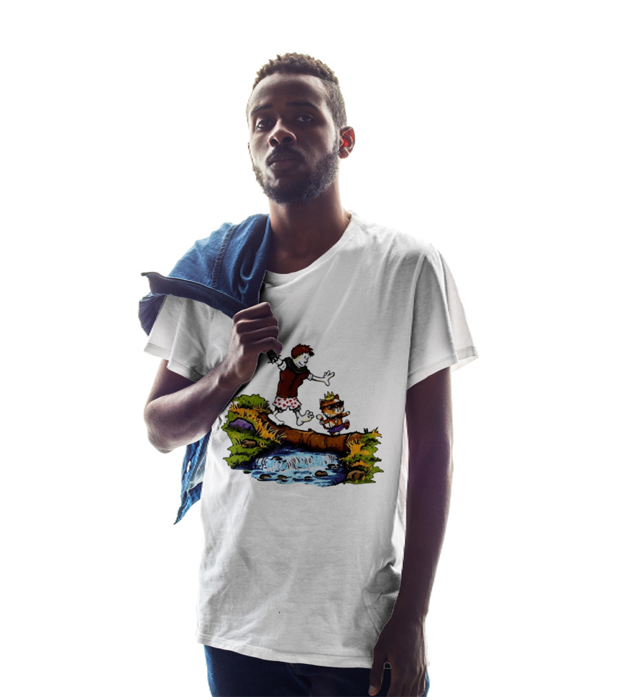 Boy And Crowned Cat Balancing On Log Over Stream T-Shirt