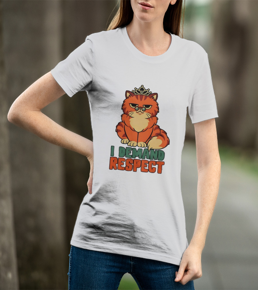 Cat With Crown I Demand Respect Pet Lover Distressed T-Shirt