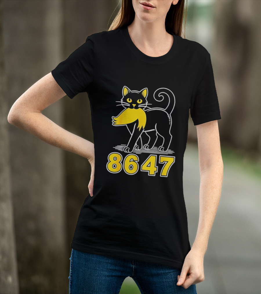 Black Cat 8647 Feline With Yellow Mustache T-Shirt