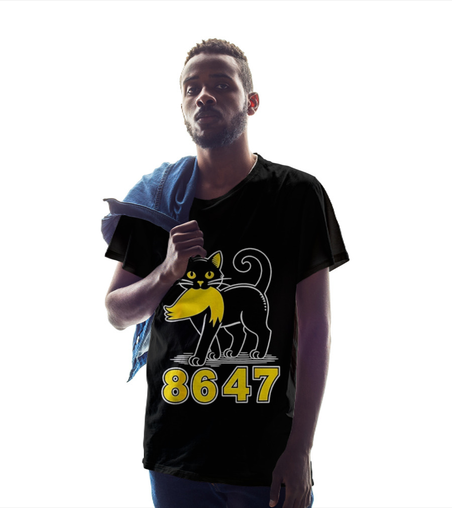 Black Cat 8647 Feline With Yellow Mustache T-Shirt