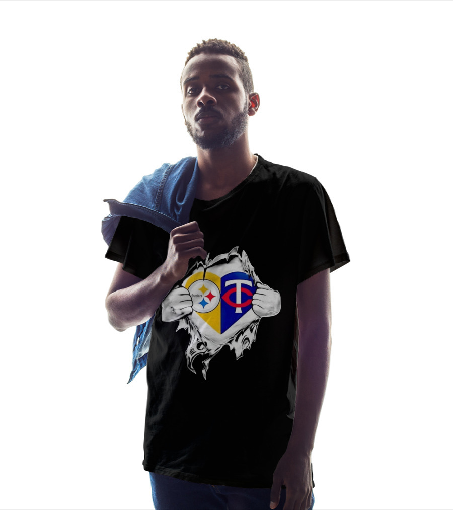 Pittsburgh Steelers Minnesota Twins Heart Superman Chest Rip T-Shirt