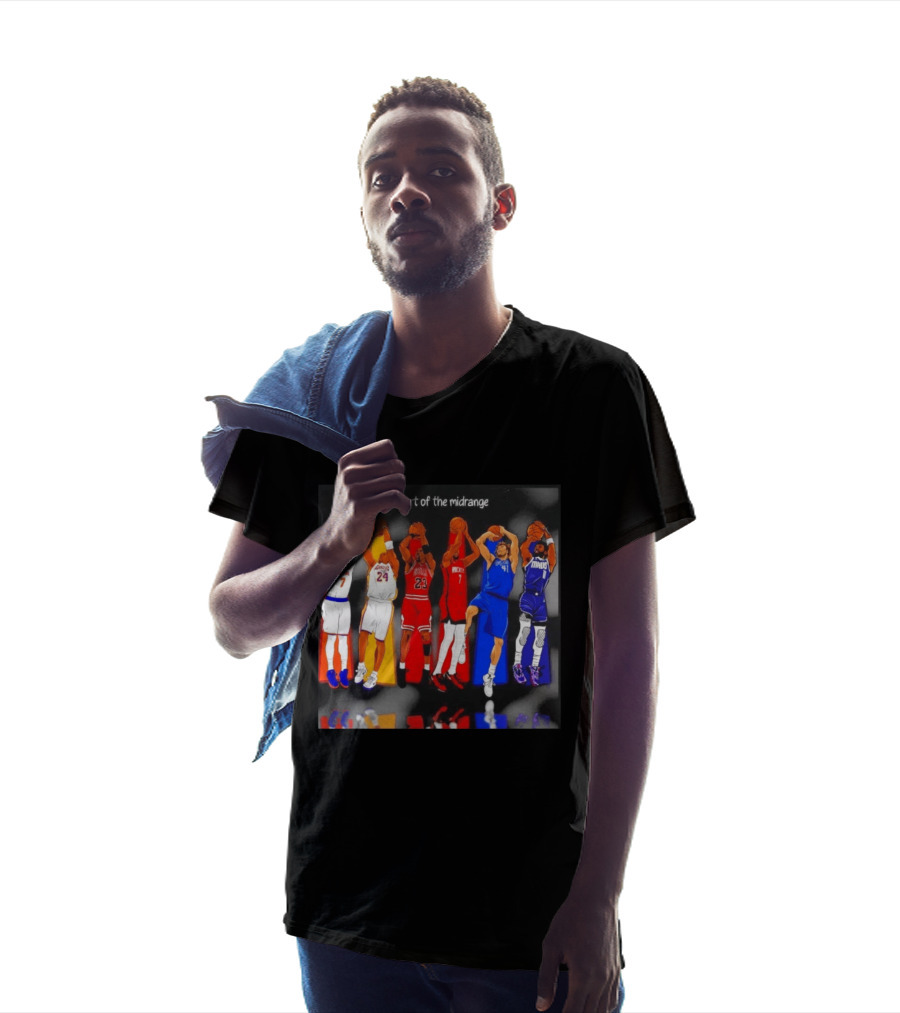 The Art Of The Midrange Basketball Legends Collage Knicks Lakers Bulls Rockets Mavericks T-Shirt