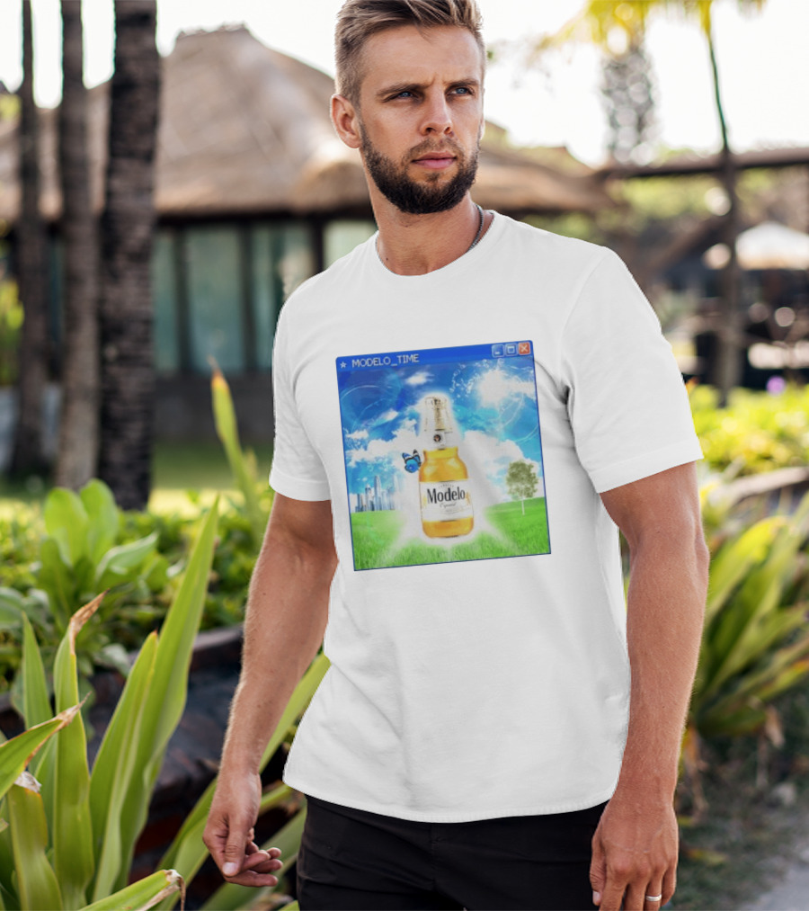 Modelo Time Frutiger Aero Aesthetic Butterfly Bottle Clouds Cityscape T-Shirt