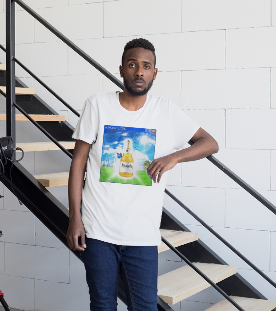 Modelo Time Frutiger Aero Aesthetic Butterfly Bottle Clouds Cityscape T-Shirt
