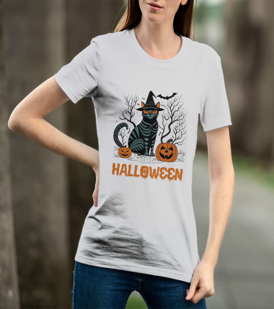 Halloween Skeleton Cat Witch Hat Pumpkins Spooky Forest Scene T-Shirt