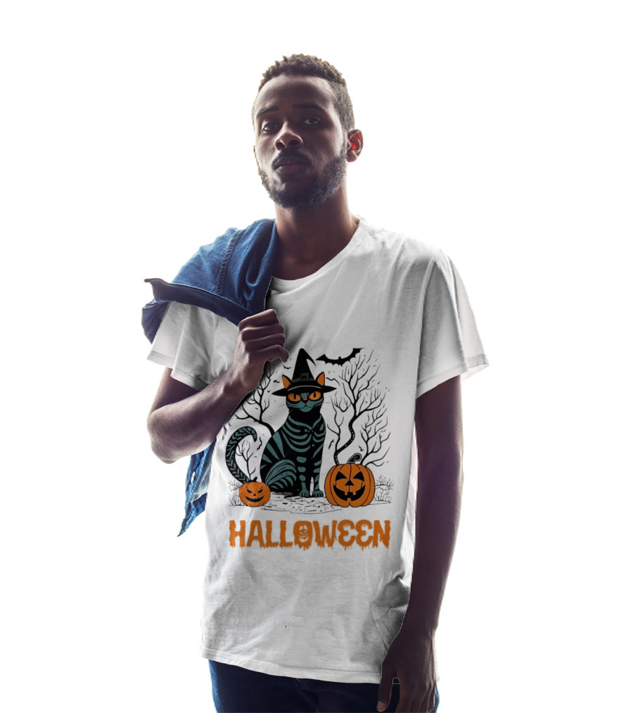 Halloween Skeleton Cat Witch Hat Pumpkins Spooky Forest Scene T-Shirt