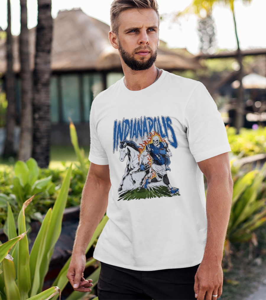 Indianapolis Football Skull And Horse Sports Flame Player Running T-Shirt