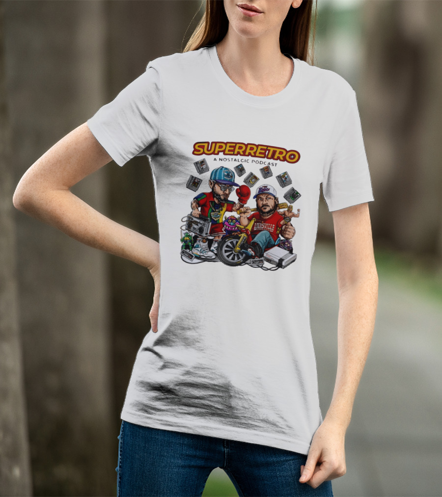 SuperRetro A Nostalgic Podcast Charlotte Hornets Louisville Cardinals Boombox Ugk Figurines Retro Games T-Shirt