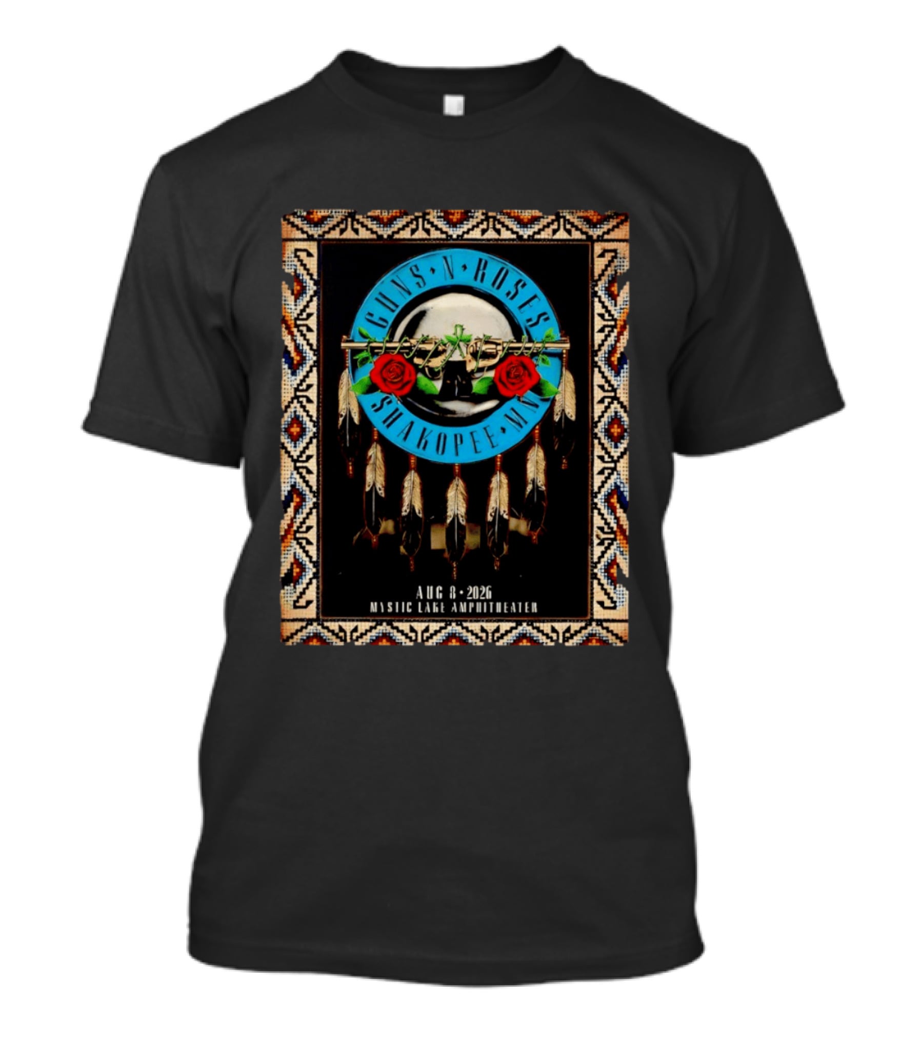 Guns N' Roses Shakopee MN August 8 2026 Mystic Lake Amphitheater Beaded Border Feathers Roses T-Shirt