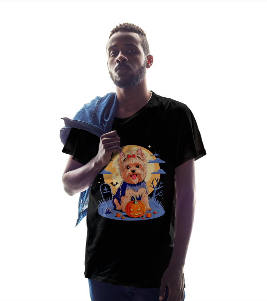 Yorkshire Terrier With Pumpkin On Spooky Halloween Night T-Shirt