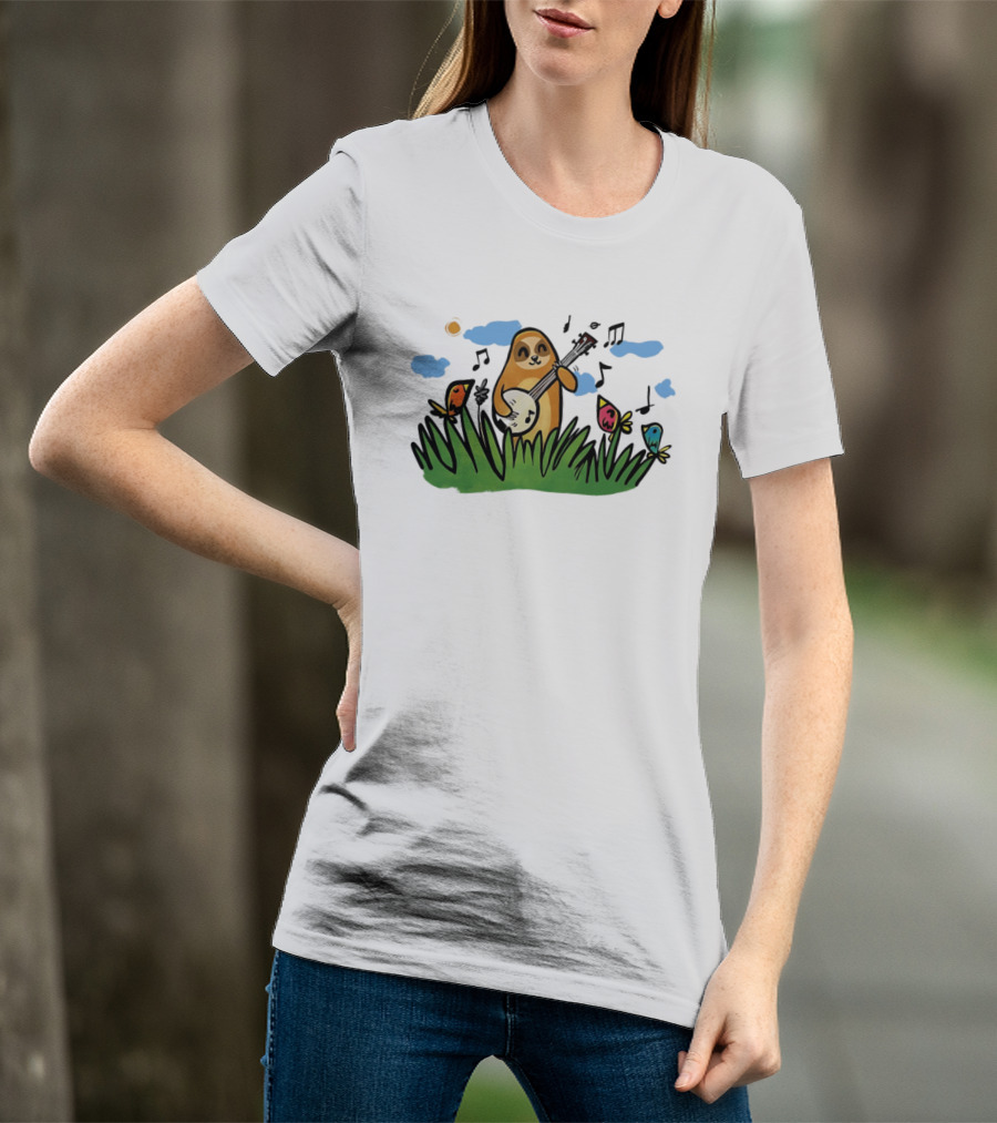 Sloth Happy Playing The Banjo With Singing Birds T-Shirt