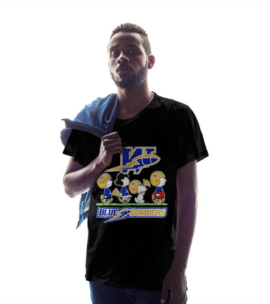 Peanuts Characters Winnipeg Blue Bombers CFL Collaboration Charlie Brown Snoopy Lucy Football Helmets T-Shirt