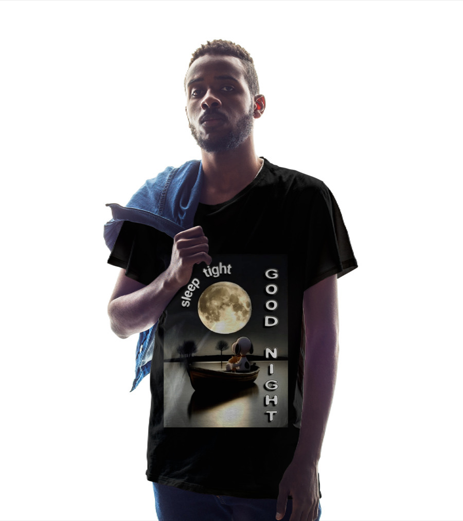 Sleep Tight Good Night Snoopy And Woodstock Moonlight Boat Scene T-Shirt