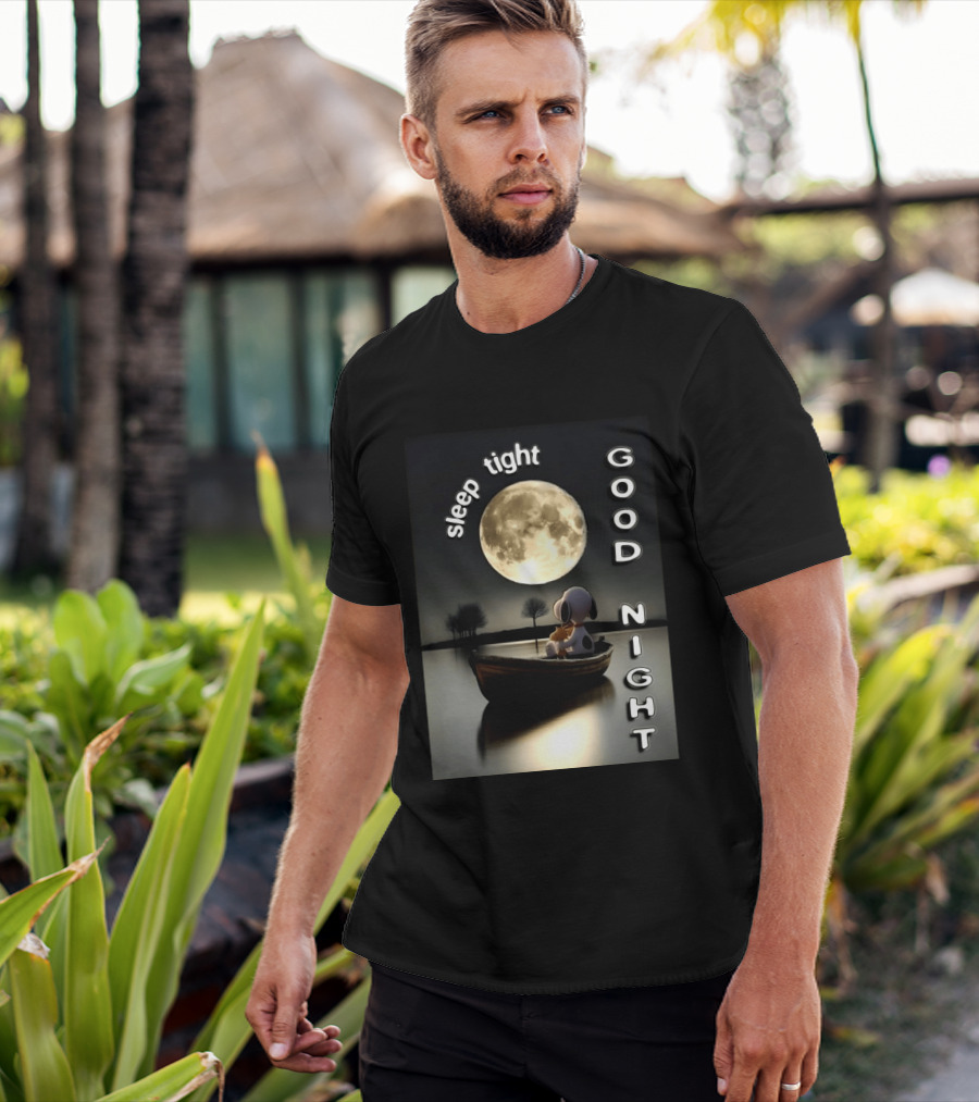 Sleep Tight Good Night Snoopy And Woodstock Moonlight Boat Scene T-Shirt