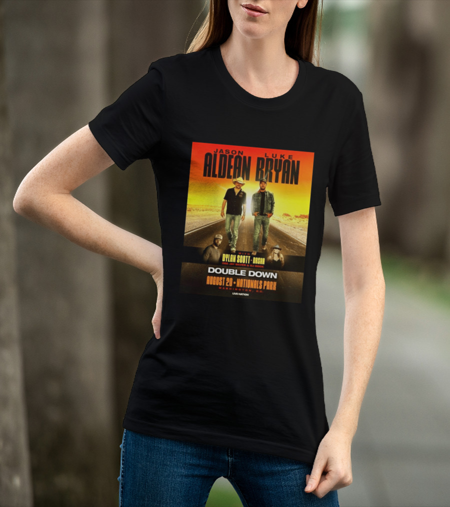 Jason Aldean Luke Bryan Double Down August 20 Nationals Park Washington D.C. With Dylan Scott Dasha Dee Jay Silver Dj Rock Live Nation T-Shirt