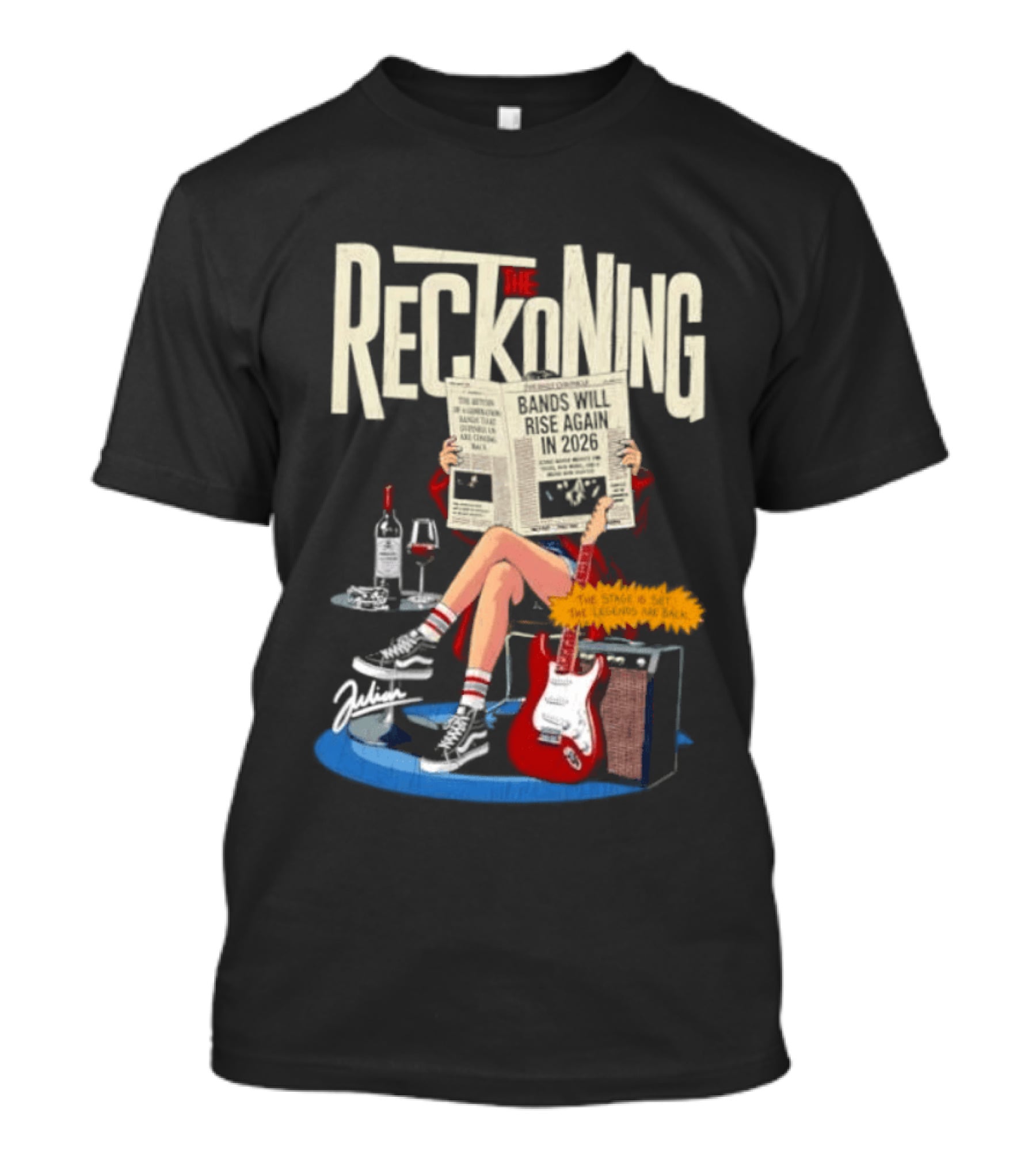 The Reckoning Bands Will Rise Again 2026 Woman Reading Newspaper Red Electric Guitar Amp T-Shirt