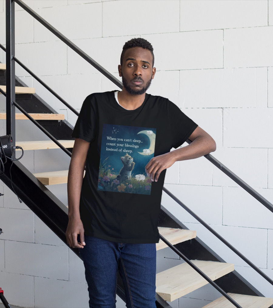 Cat When You Can't Sleep Count Your Blessings Instead Of Sheep Healing Vibes Moon Sheep Flowers T-Shirt