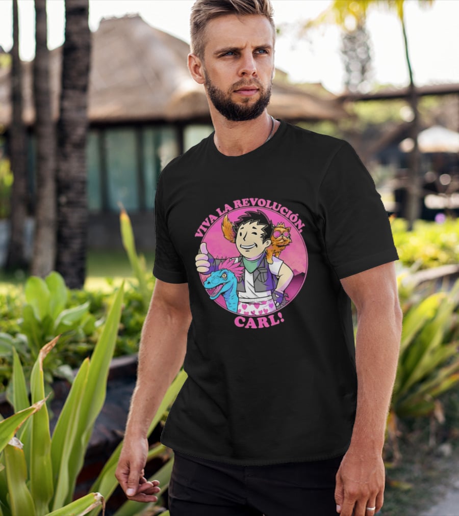 Viva La Revolución Carl Fallout Vault Boy Dinosaur Cat T-Shirt