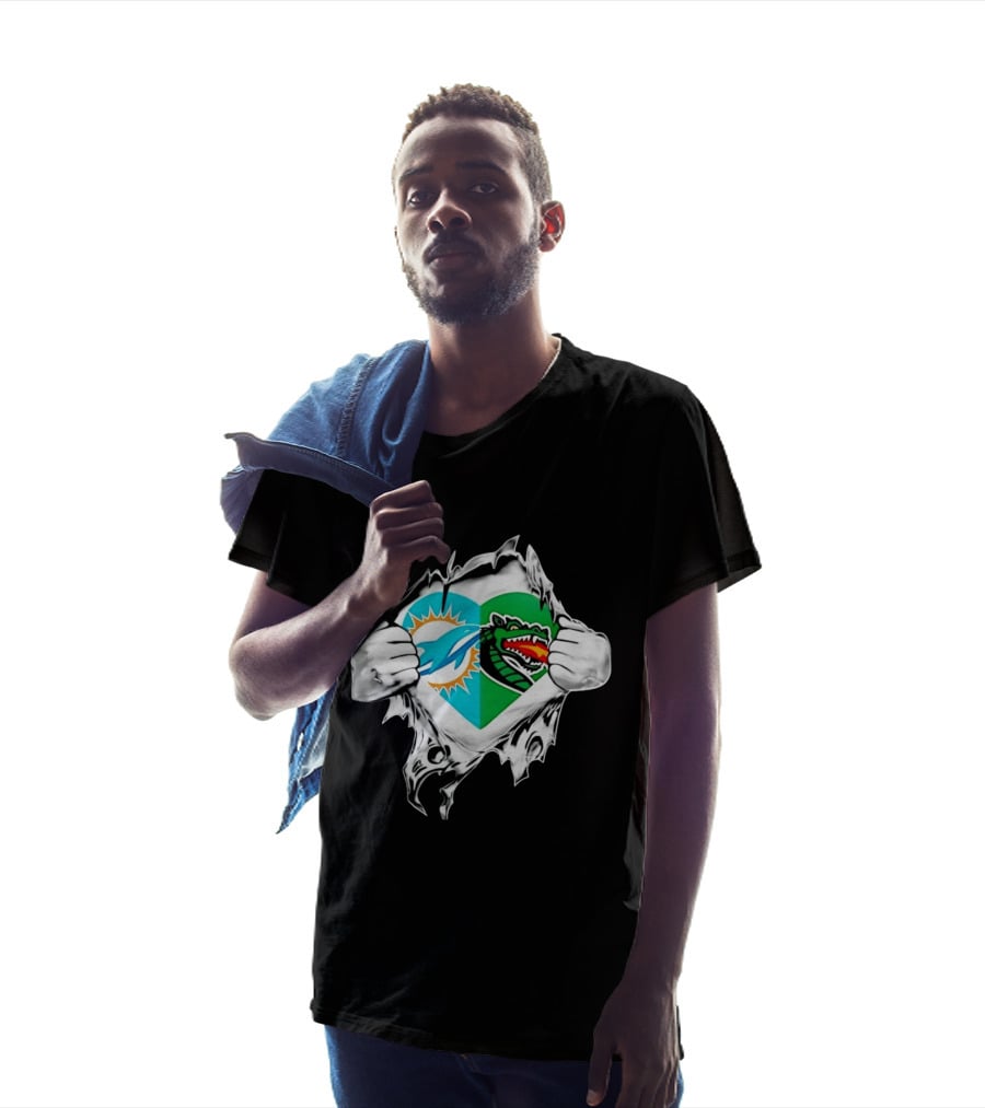 Miami Dolphins UAB Blazers Heart Superman Chest Rip T-Shirt