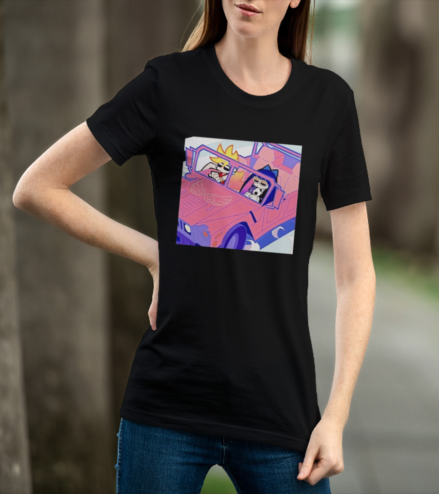 Panty And Stocking With Garterbelt Anime Characters Riding In Pink Car T-Shirt