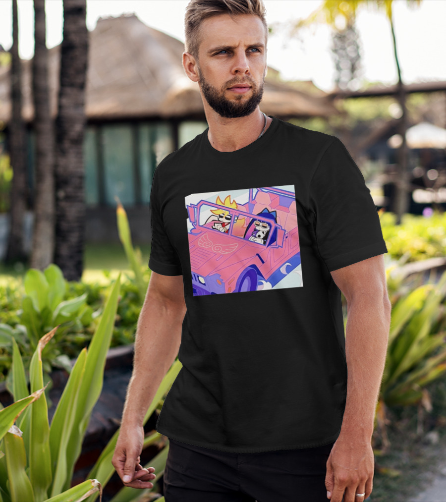 Panty And Stocking With Garterbelt Anime Characters Riding In Pink Car T-Shirt