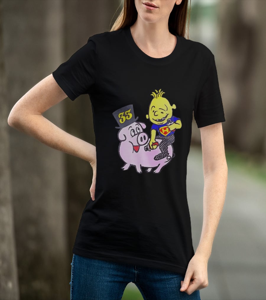 33 Cartoon Boy Yellow Hair Riding Pink Pig Black Top Hat H Hero T-Shirt