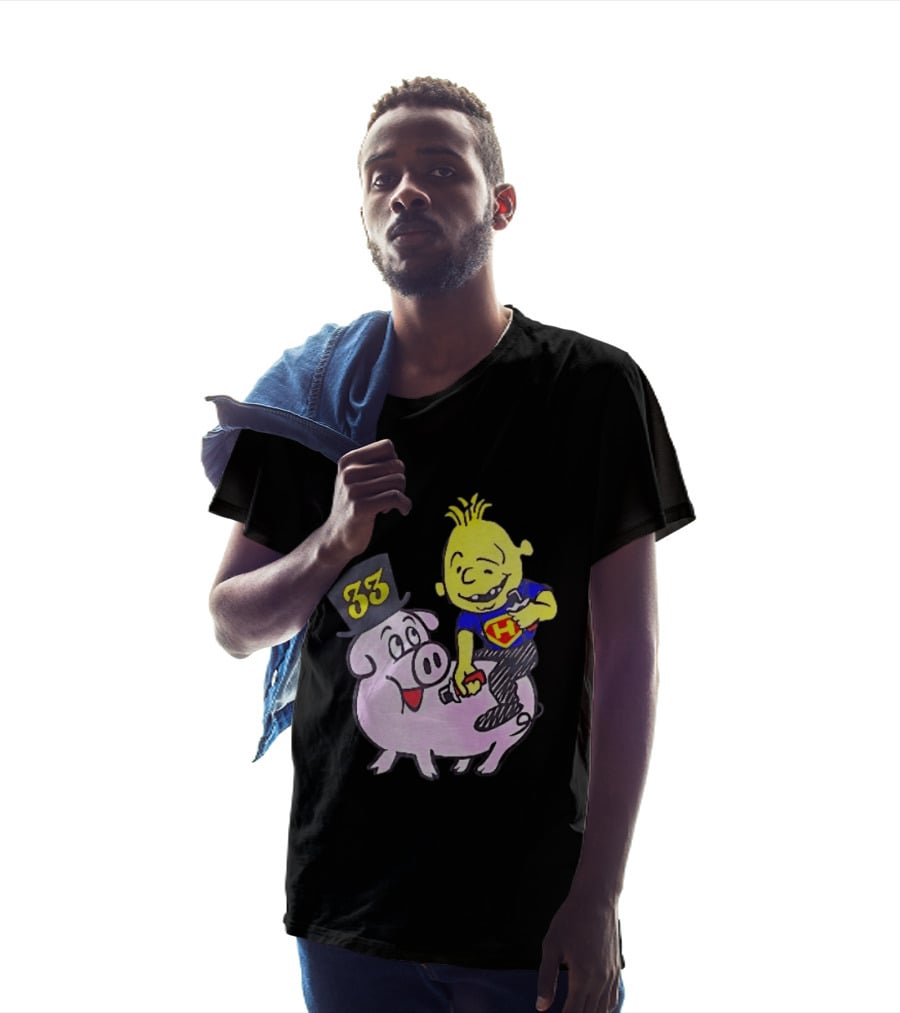 33 Cartoon Boy Yellow Hair Riding Pink Pig Black Top Hat H Hero T-Shirt