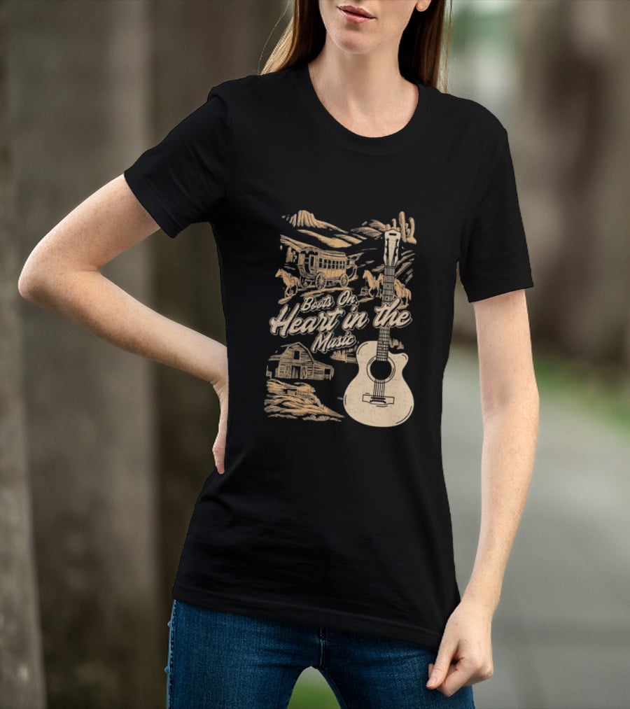 Boots On Heart In The Music Acoustic Guitar Cowboy Stagecoach Barn Scene T-Shirt