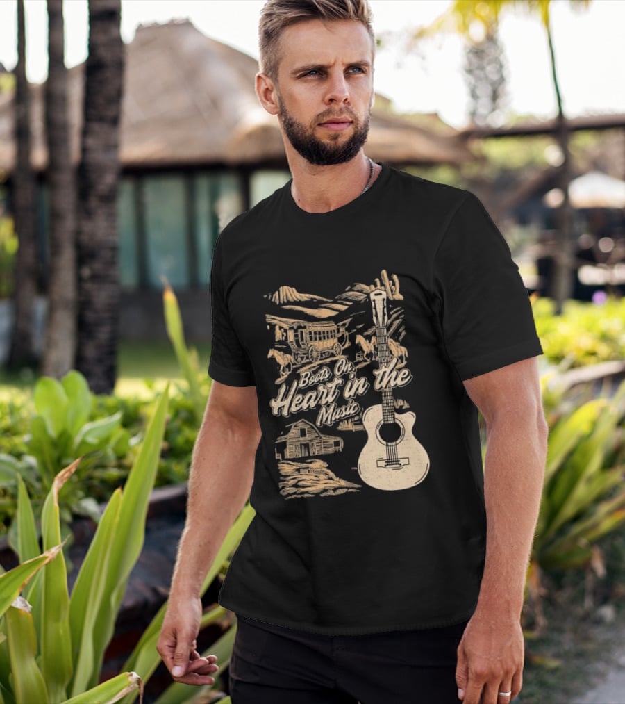 Boots On Heart In The Music Acoustic Guitar Cowboy Stagecoach Barn Scene T-Shirt