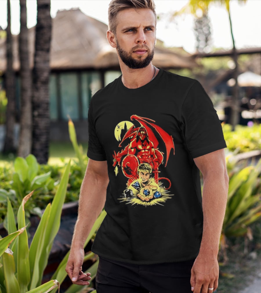 Dungeons And Dragons Player With Red Dragon And Blue Dice Adventure T-Shirt