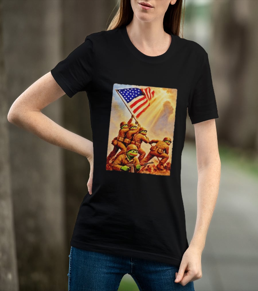 Pepe The Frog American Flag Soldiers Together We Win WWII Iwo Jima Memorial T-Shirt