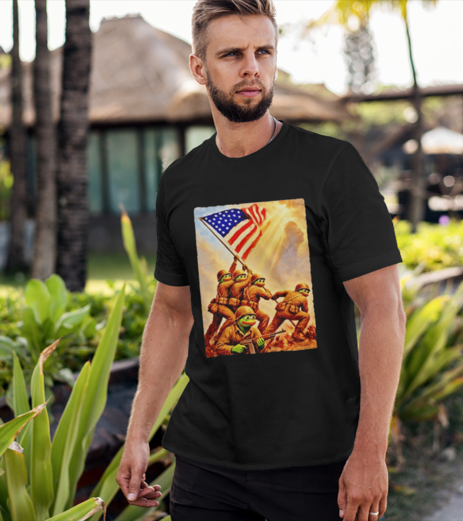 Pepe The Frog American Flag Soldiers Together We Win WWII Iwo Jima Memorial T-Shirt