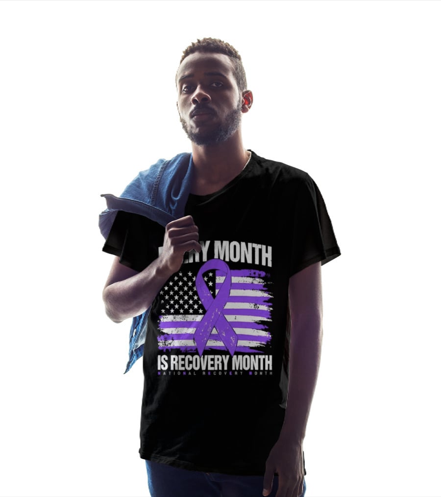 Every Month Is Recovery Month Purple Ribbon American Flag National Recovery Month T-Shirt
