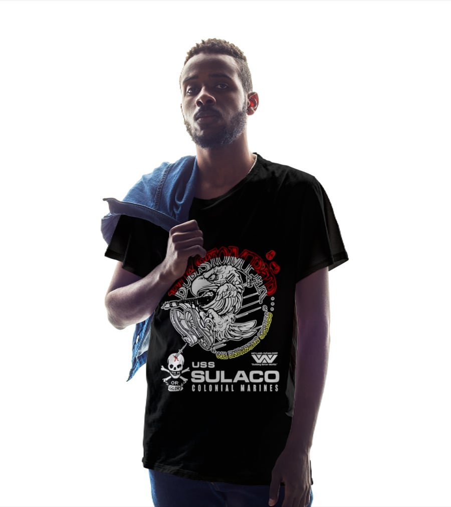 USS Sulaco Colonial Marines Bug Stomper We Endanger Species Weyland Yutani Corp Skull T-Shirt
