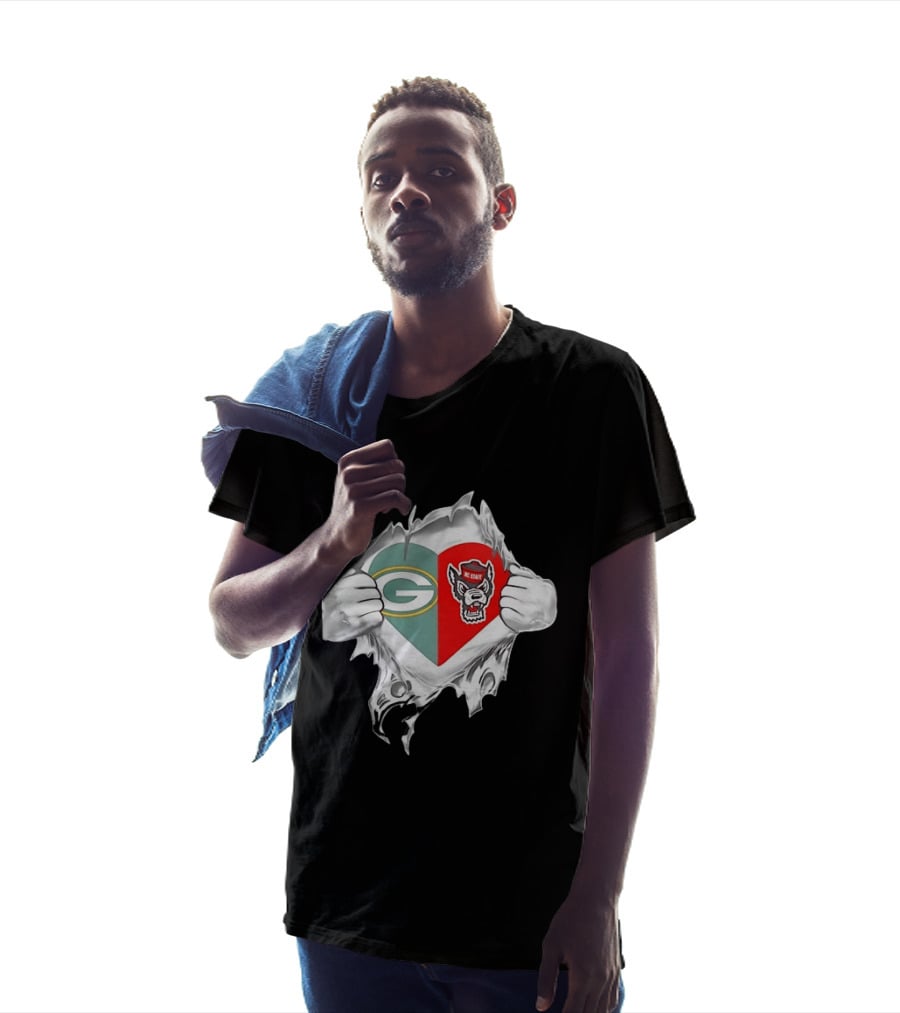 Green Bay Packers NC State Wolfpack Heart Superman Chest Rip T-Shirt