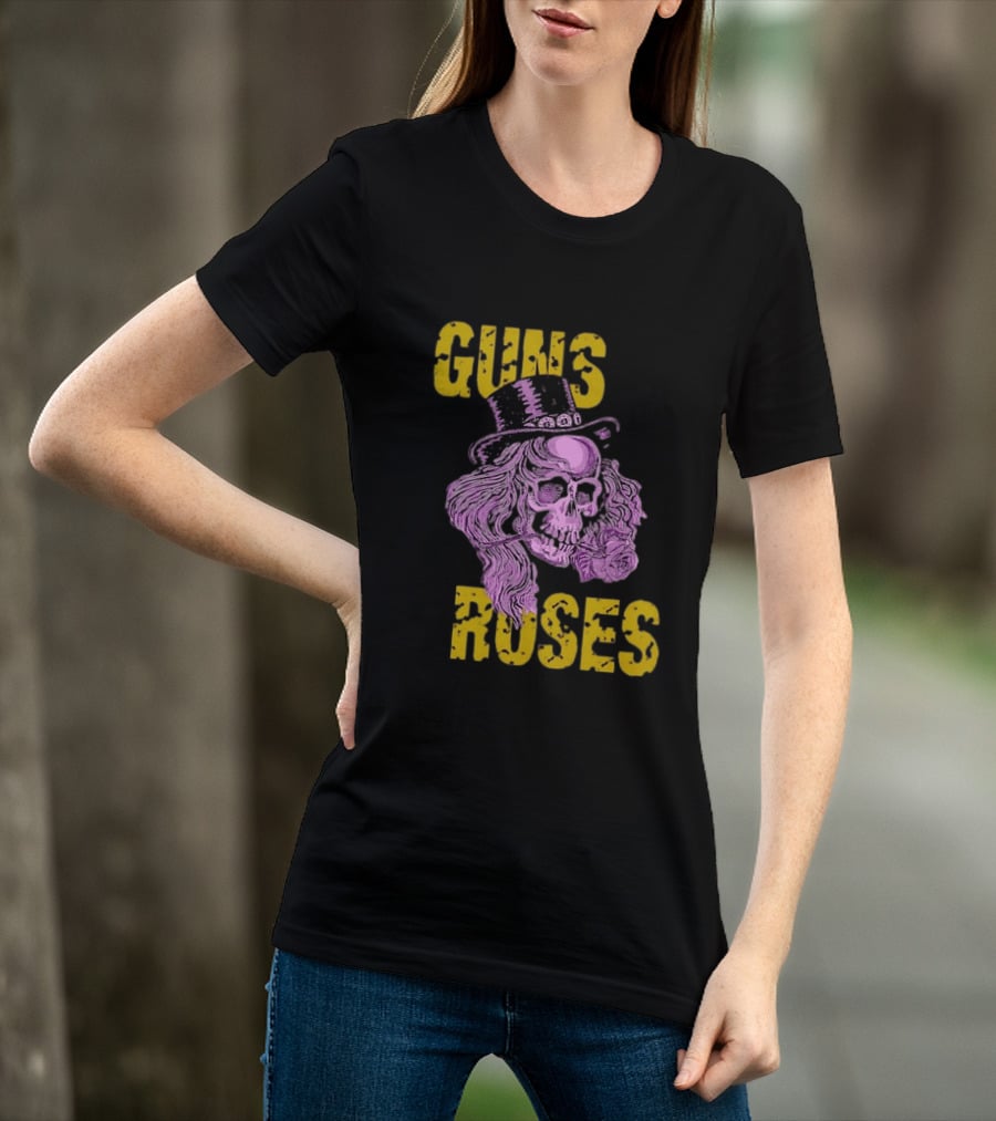 Guns N' Roses Distressed Skull With Top Hat And Roses T-Shirt