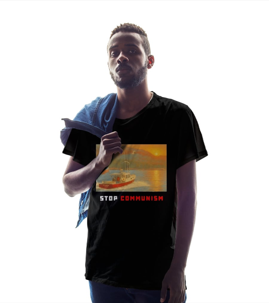 Stop Communism Freedom Boat American Flag Sunset Landscape T-Shirt