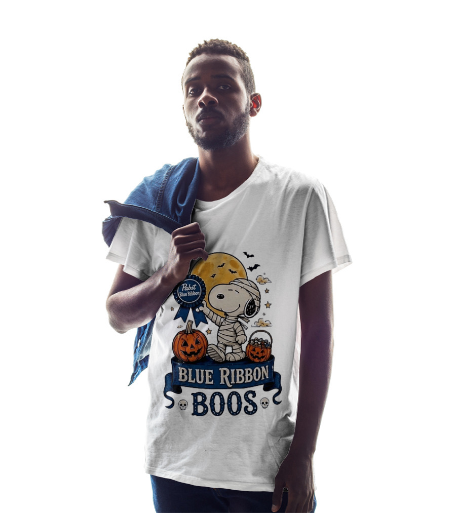Pabst Blue Ribbon Snoopy Mummy Halloween Blue Ribbon Boos Pumpkin Moon Bats T-Shirt