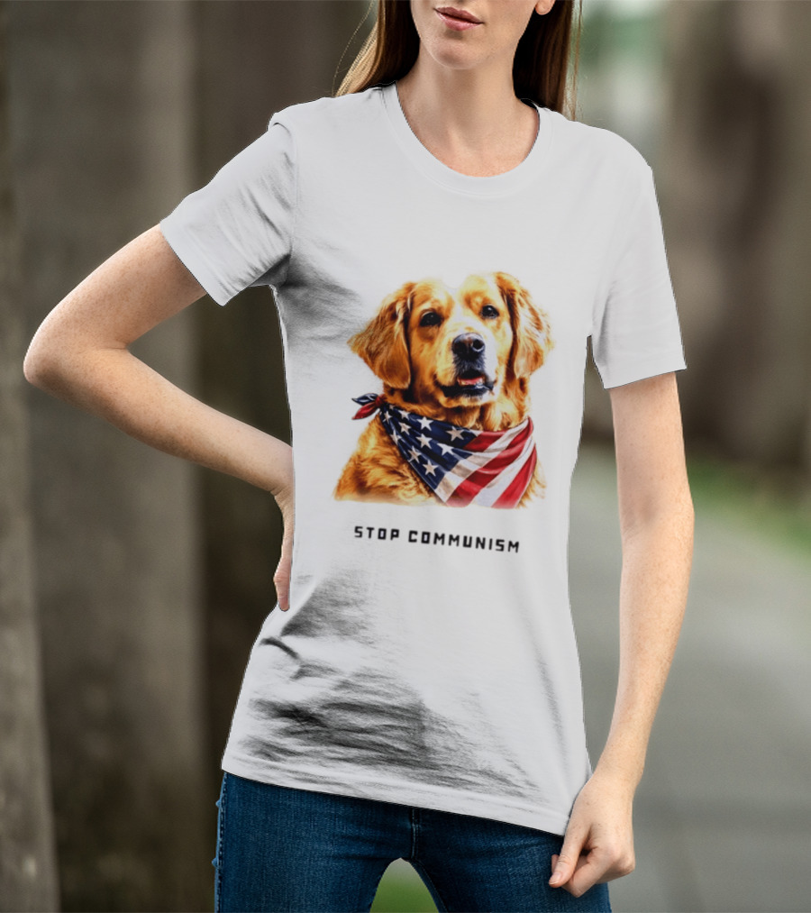 Golden Retriever Wearing American Flag Bandana Stop Communism T-Shirt