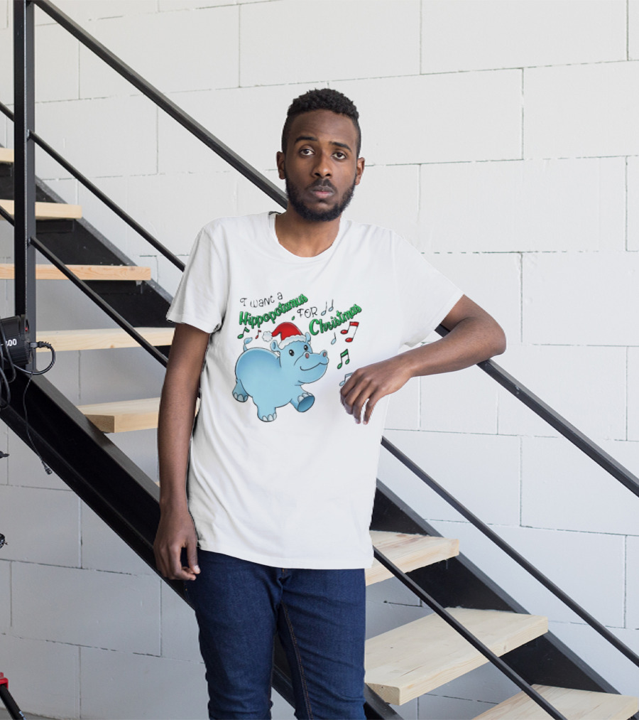 Inktastic I Want A Hippopotamus For Christmas Hippo In Santa Hat T-Shirt