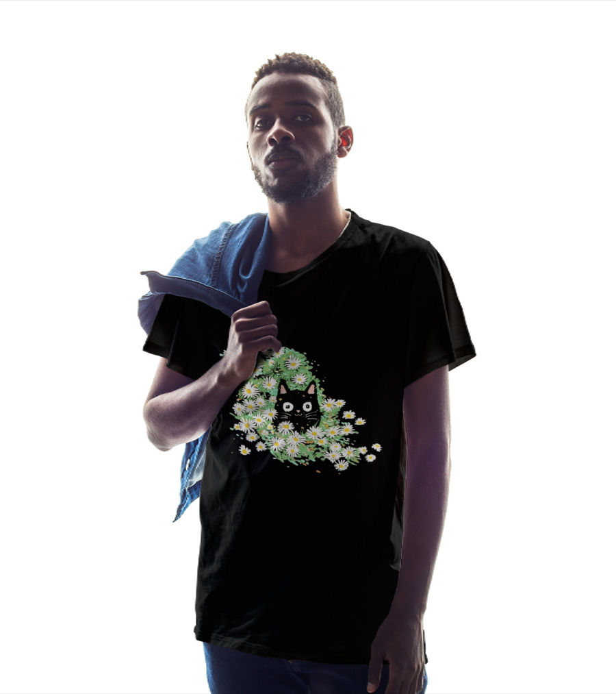 Black Cat Surrounded By Daisies In A Field T-Shirt